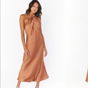 Show Me Your MuMu Jasmine halter midi dress in copper luxe satin